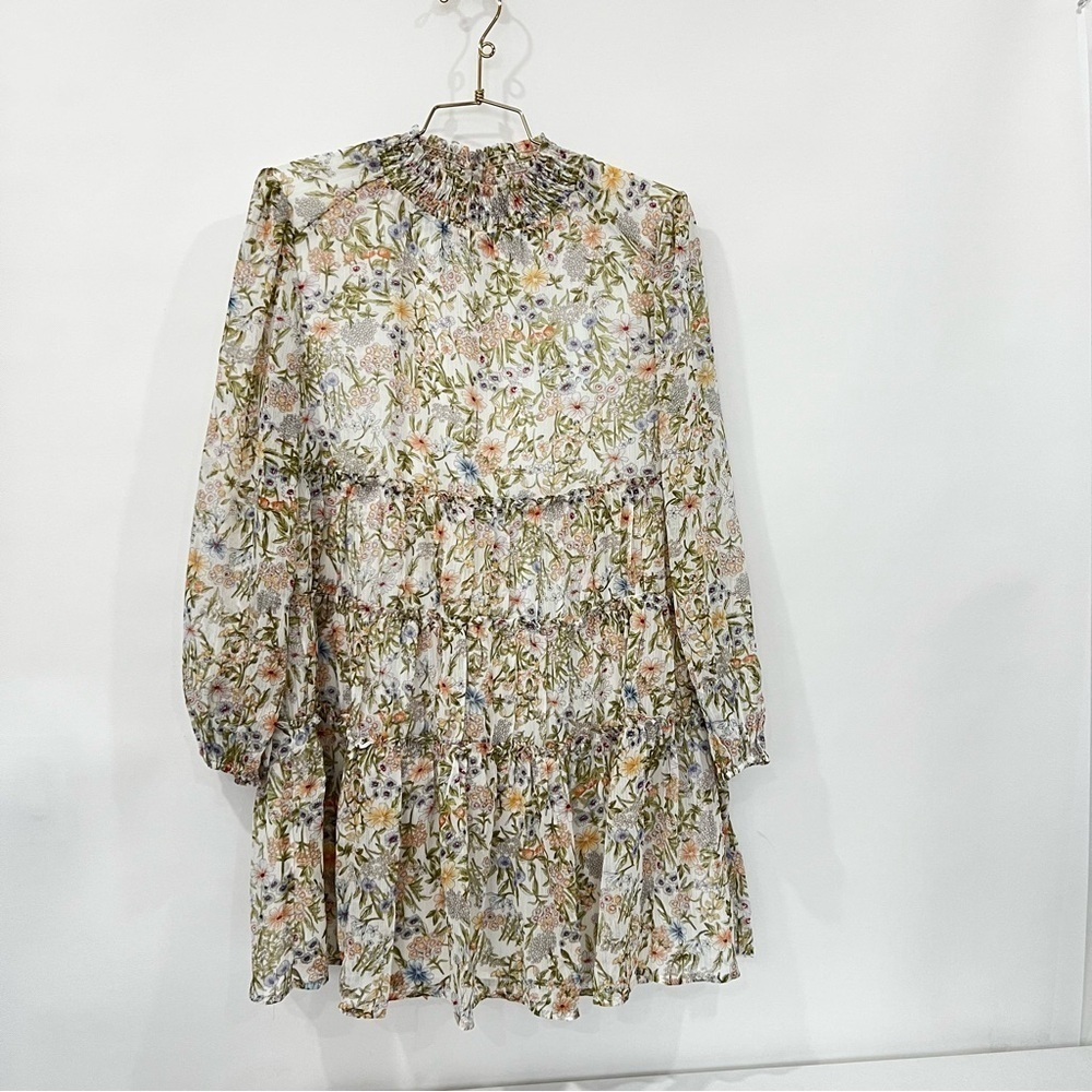 Floral Mini Dress Smocked Neck Tiered Sheer Long Sleeve Lined Multicolored
